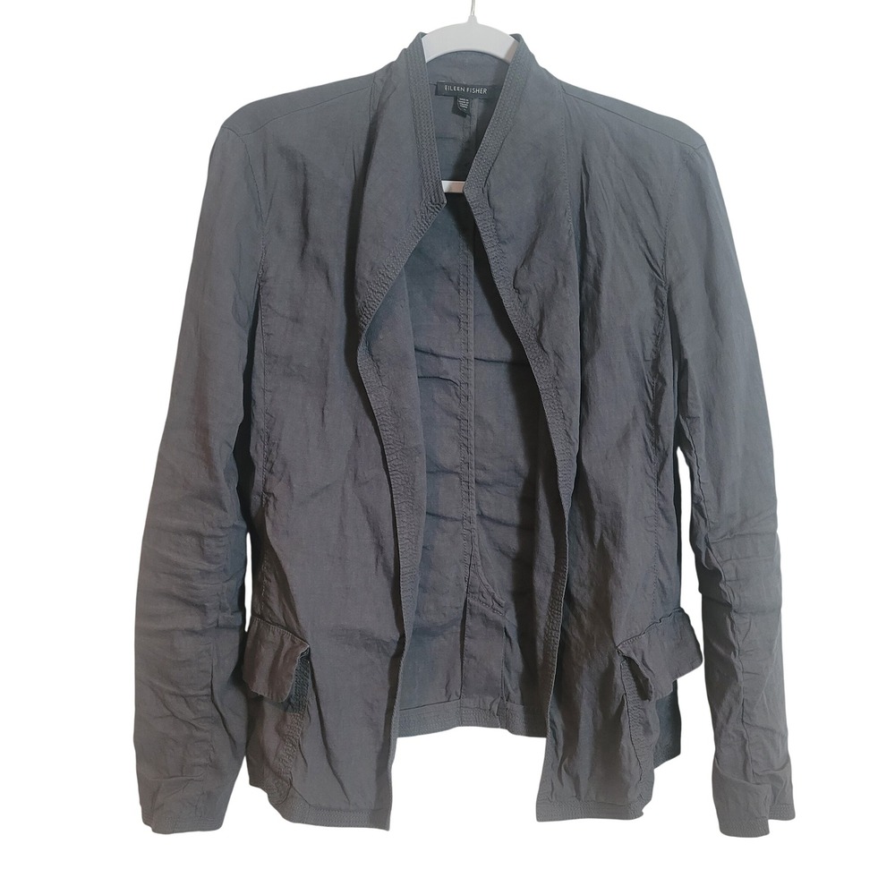Eileen Fisher Gray Linen Blend Open Front Blazer Jacket Italian Fabric Small